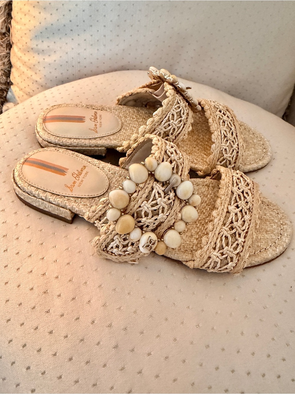 Sam Edelman Natural Beige Braided Elisa Slide Sandals with Bead Detail